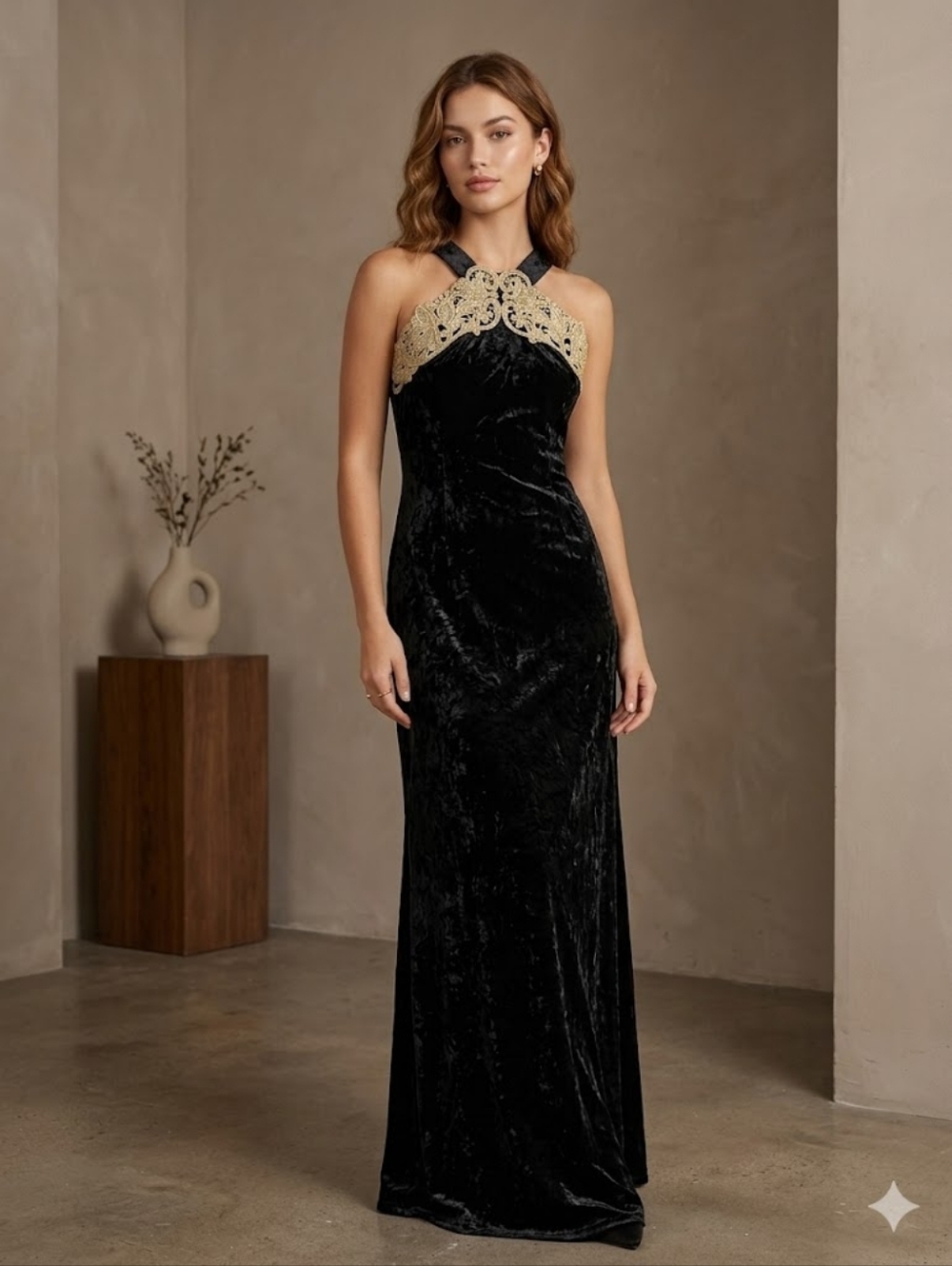 Vintage‎ 90s Scott McClintock Black Crushed Velvet Halter Gown Guipure Lace 14